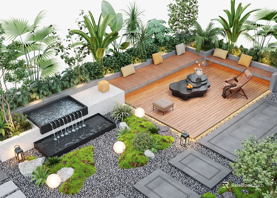 Tropical Courtyard Garden Design With Wooden Deck Fire Pit Sofa Seating And Palm Plants 3d model 