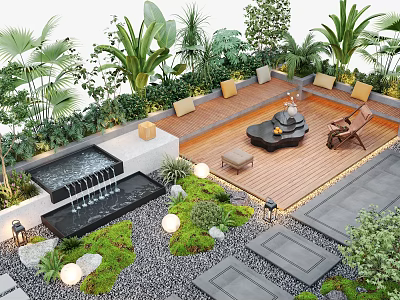 Tropical Courtyard Garden Design With Wooden Deck Fire Pit Sofa Seating And Palm Plants 3d model