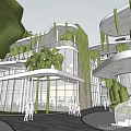 Modern Commercial Street Exterior Design With Greenery Outdoor Seating and Pedestrian Walkways