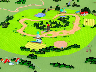 Scenic Landscape With Green Grass Winding Paths Trees Colorful Houses Round Tower And Playground 3d model