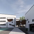 Modern School Building Exterior With Glass Facade Multi Story Structure Wooden Fence And Trees