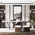 Modern Chinese Study Room Interior With Built in Bookshelves Writing Desk And Landscape Painting