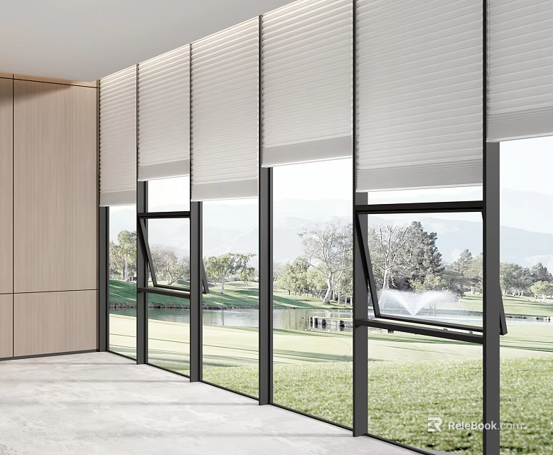 White Blinds In Modern Room With Large Glass Windows Green Grass And Distant Mountain View 3d model 
