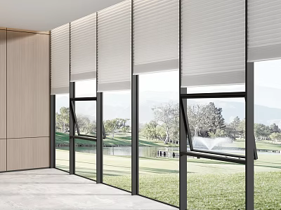 White Blinds In Modern Room With Large Glass Windows Green Grass And Distant Mountain View 3d model
