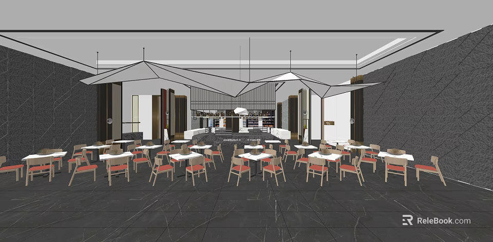 Modern Restaurant Interior Design With Geometric Pendant Lights Orange Chairs And Marble Floor 3d model 