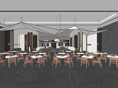 Modern Restaurant Interior Design With Geometric Pendant Lights Orange Chairs And Marble Floor 3d model