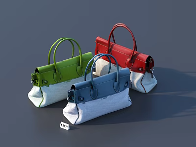 Colorful Canvas Handbags With Green Red Blue Designs And White Base Handles 3d model