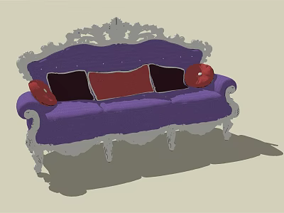 Elegant Purple Three Seater Sofa with White Carved Frame Black Red Cushions and Red Pillows 3d model