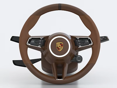 Brown Leather Porsche Steering Wheel With Logo And Control Buttons 3d model
