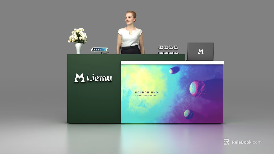 Green Liema Reception Desk With Flower Vase Tablet And Planet Display Screen 3d model 