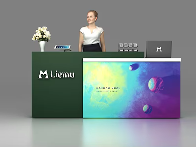 Green Liema Reception Desk With Flower Vase Tablet And Planet Display Screen 3d model