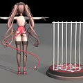Anime Game Character With Pink Twin Tails Red Bodysuit Black Thigh High Socks And Metal Cage