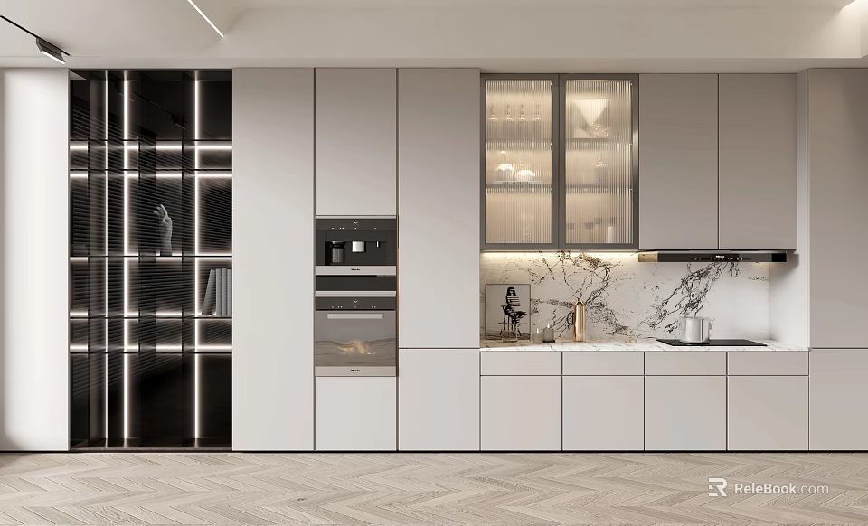 Modern Wine Cabinet With Glass Doors And LED Lighting In Kitchen Interior Design 3d model 