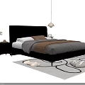 Modern Double Bed Interior With Beige Headboard Grey Bedspread Bedside Table And Hanging Lamp 3d model