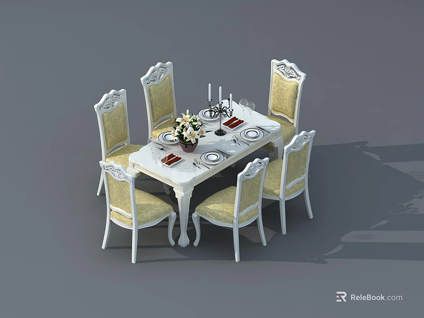White Carved Dining Table Set With Yellow Upholstered Chairs Tableware And Vase 3d model