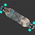 Stylish Wooden Longboard With Turquoise Wheels And Decorative Pattern Design