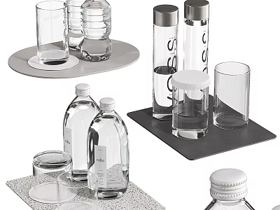 Modern Transparent Glass Cups With Lids And Trays In Different Shapes 3d model