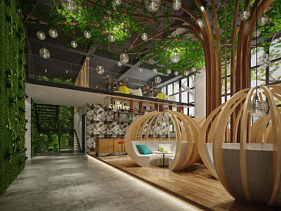Modern Café Interior Design With Greenery Wall Wooden Round Seats Pendant Lamps and Open Space 3d model