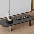Black Coffee Table With Metal Legs Charcoal Stove Copper Kettle And Small Cups On Tray