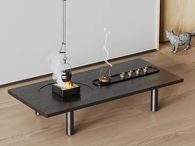 Black Coffee Table With Metal Legs Charcoal Stove Copper Kettle And Small Cups On Tray 3d model