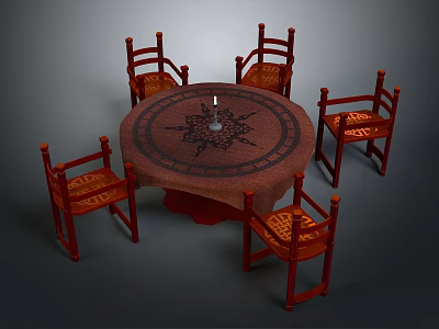 Round Wooden Dining Table Set With Five Red Chairs Patterned Tablecloth And Center Candle 3d model