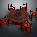 Round Wooden Dining Table Set With Five Red Chairs Patterned Tablecloth And Center Candle