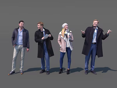 Four People Standing Together Wearing Different Coats And Various Poses On Gray Background 3d model
