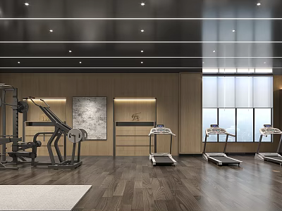 Spacious Modern Fitness Studio With Treadmills Strength Machines And Wooden Flooring 3d model
