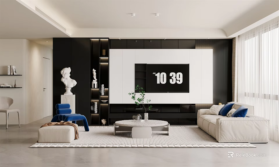 Modern Living Room Interior With TV Wall White Sofa Blue Cushions Sculpture And Coffee Table 3d model 