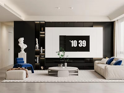 Modern Living Room Interior With TV Wall White Sofa Blue Cushions Sculpture And Coffee Table 3d model