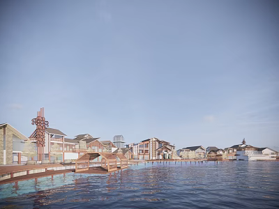 Waterfront Commercial Street With Modern Buildings Wooden Structures And Blue Sky View 3d model