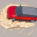 Red Range Rover SUV Standing On Rugged Rock Pile Under Clear Blue Sky 3d model
