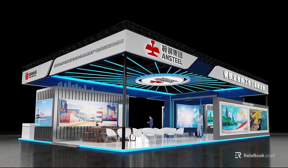 Modern Exhibition Booth for HSTEEL with Blue Lighting White Structure Display Screens and Tables Chairs 3d model 