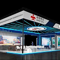 Modern Exhibition Booth for HSTEEL with Blue Lighting White Structure Display Screens and Tables Chairs