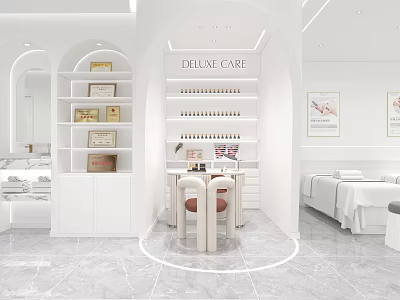 Deluxe Hair And Beauty Salon With Care Products Display Shelves Modern Interior Treatment Area 3d model