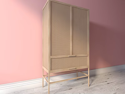 Minimalist Light Wood Wardrobe With Mesh Doors And Drawer Against Pink Wall 3d model