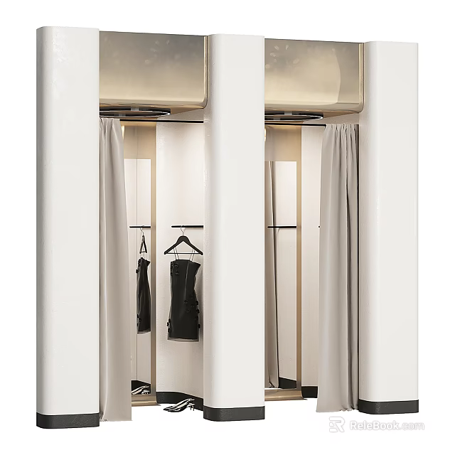 Clothing Store Fitting Room Interior With Hanging Clothes Mirror And Curtains 3d model 