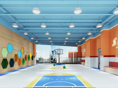 Spacious Basketball Court Interior With Blue Ceiling White Lights Orange Walls And Colorful Hexagonal Decorations 3d model