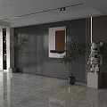 Modern Lounge Area Featuring Gray Walls Marble Floor Window Blinds Plants Abstract Painting And Sculpture