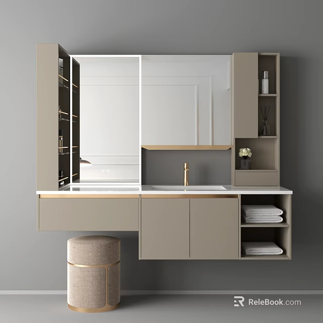 Modern Gray Bathroom Vanity With Mirror Sink Storage Cabinets And Open Shelves 3d model