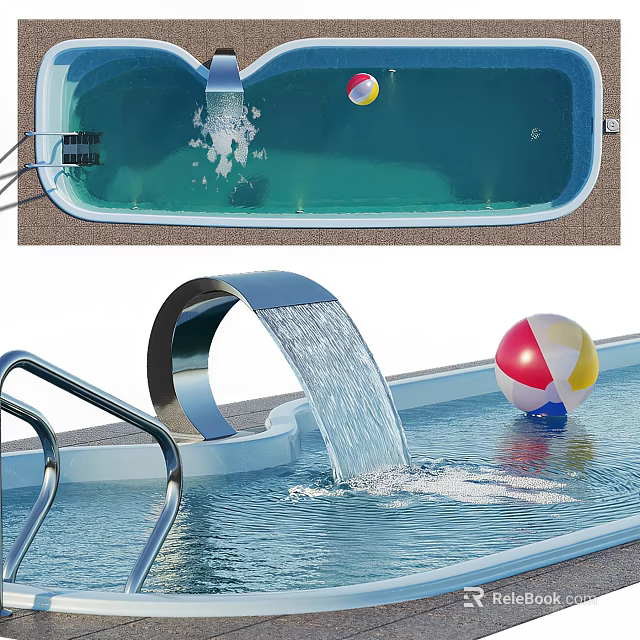 Swimming Pool Area With Flowing Water Feature Beach Ball And Ladder 3d model 