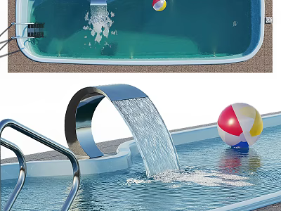 Swimming Pool Area With Flowing Water Feature Beach Ball And Ladder 3d model
