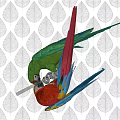 Vibrant Green Parrot With Purple Eye Ring Feathers And Black Beak On Leaf Pattern Background