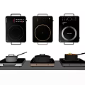 Modern Stylish Induction Cooktops With Various Designs Control Panels And Heating Pots 3d model