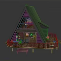 Modern Triangular Cabin with Black Roof Large Glass Windows Wooden Deck Table Chairs and Steps