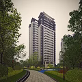 Modern High Rise Residential Building Surrounded by Lush Greenery and Pool Area in Sunlight