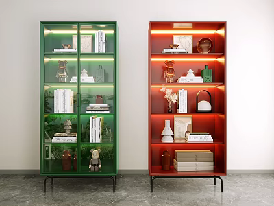 Modern Decorative Cabinets in Green and Red with Glass Doors Shelves Books and Decorative Items 3d model