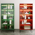 Modern Decorative Cabinets in Green and Red with Glass Doors Shelves Books and Decorative Items