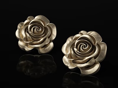 Two Golden Rose Sculptures With Intricate Carving On Black Background And Reflection 3d model