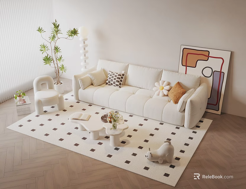 Modern Living Room Sofa And Coffee Table Set With Geometric Rug Potted Plant And Artwork 3d model 